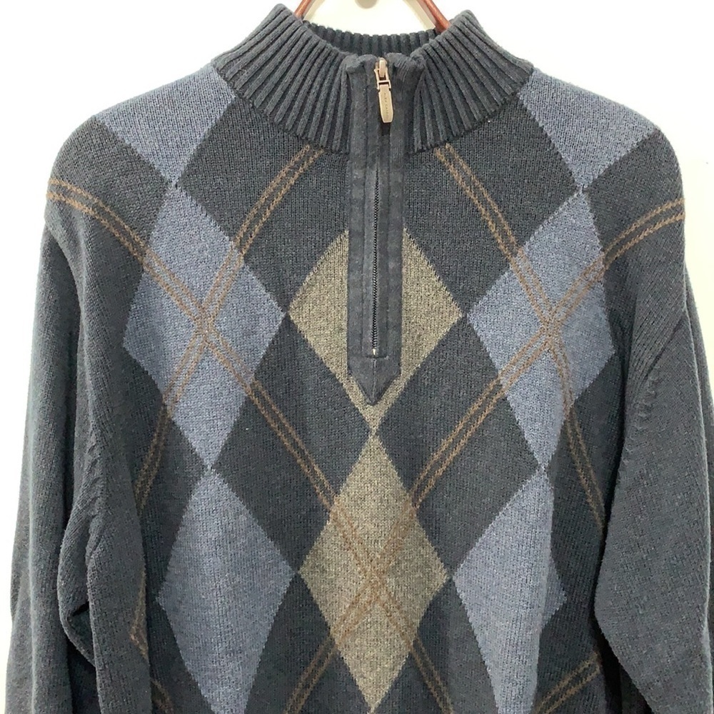 Alex Cannon 1/4 Zip Black Blue Tan Diamond Argyle Knit Pullover Cotton Sweater M - Picture 3 of 17